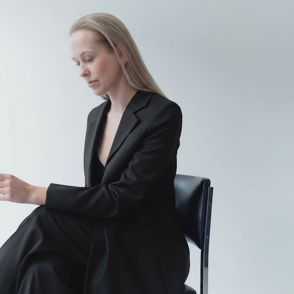 NOVEM STUDIO blue virgin wool double-breasted blazer with notch lapel and jetted pockets, worn by a woman seated.
